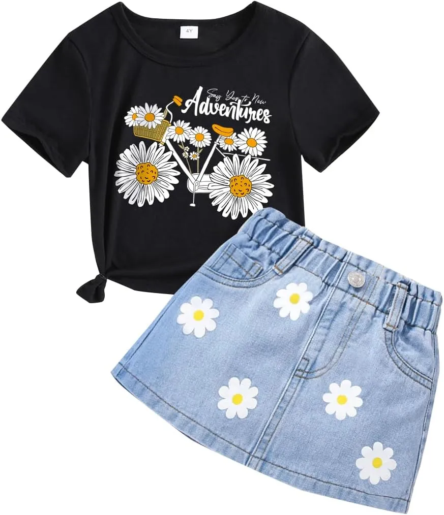 Toddler Girl Clothes - Flower Print Short Sleeve T-Shirt & Toddler Denim Skirt - Girls Clothing Size3-7T