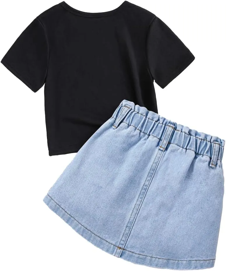 Toddler Girl Clothes - Flower Print Short Sleeve T-Shirt & Toddler Denim Skirt - Girls Clothing Size3-7T