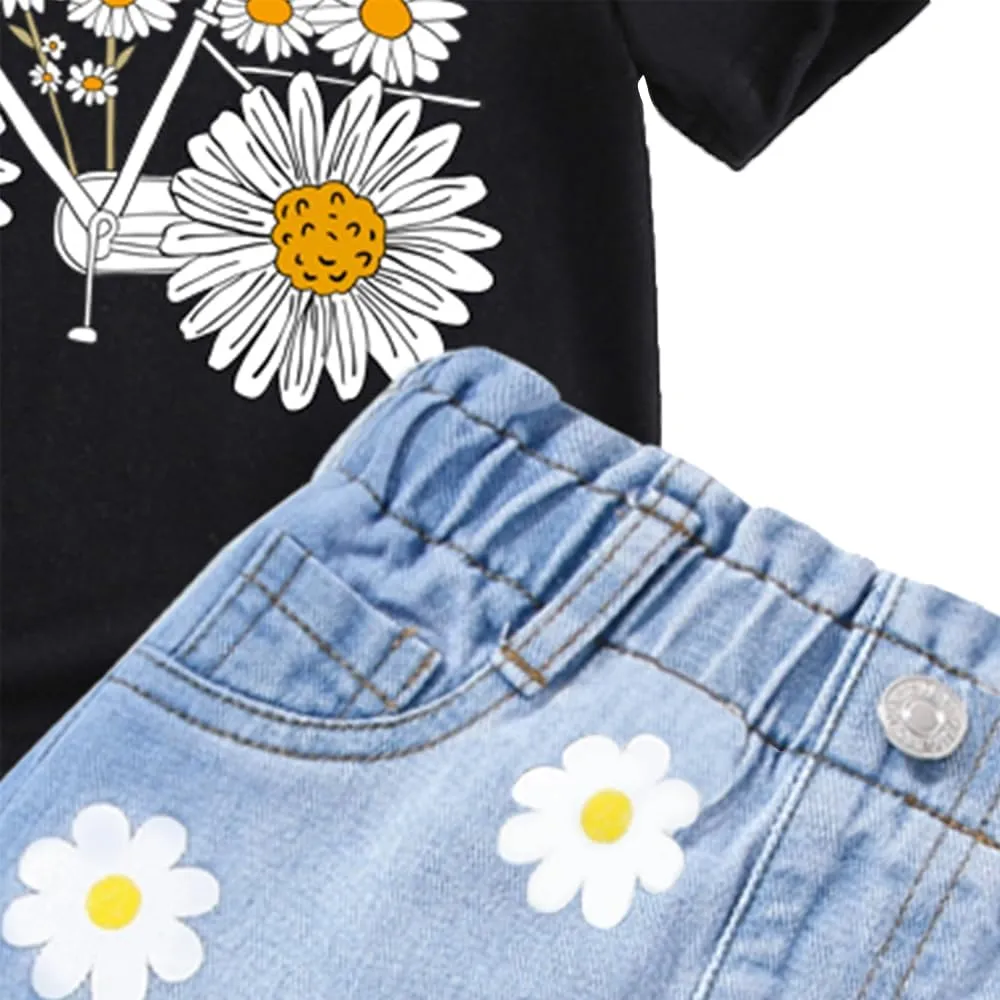 Toddler Girl Clothes - Flower Print Short Sleeve T-Shirt & Toddler Denim Skirt - Girls Clothing Size3-7T