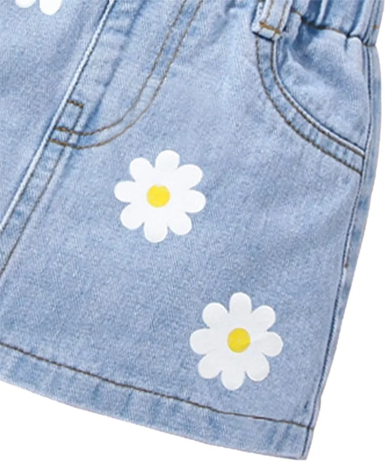 Toddler Girl Clothes - Flower Print Short Sleeve T-Shirt & Toddler Denim Skirt - Girls Clothing Size3-7T
