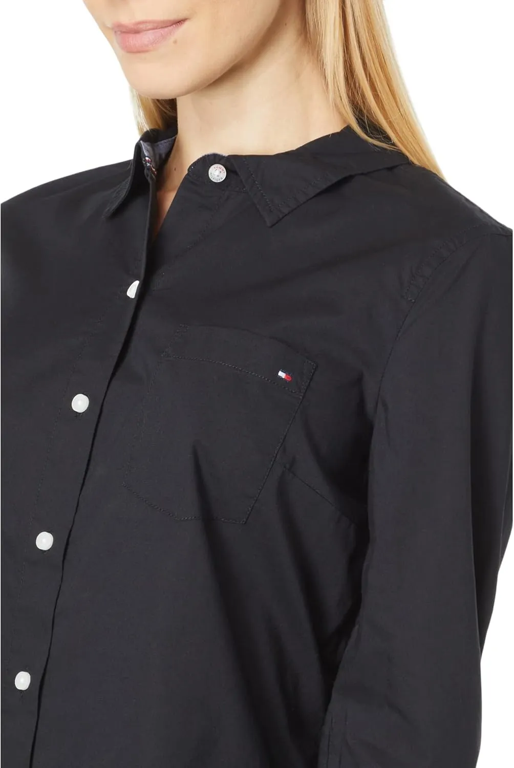 Tommy Hilfiger Women's Solid Button Collared Shirt With Adjustable Sleeves