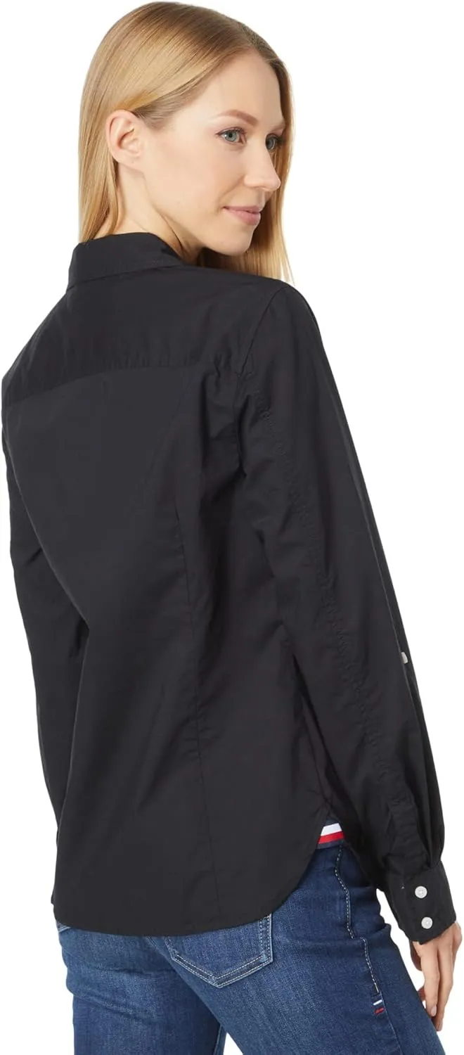 Tommy Hilfiger Women's Solid Button Collared Shirt With Adjustable Sleeves