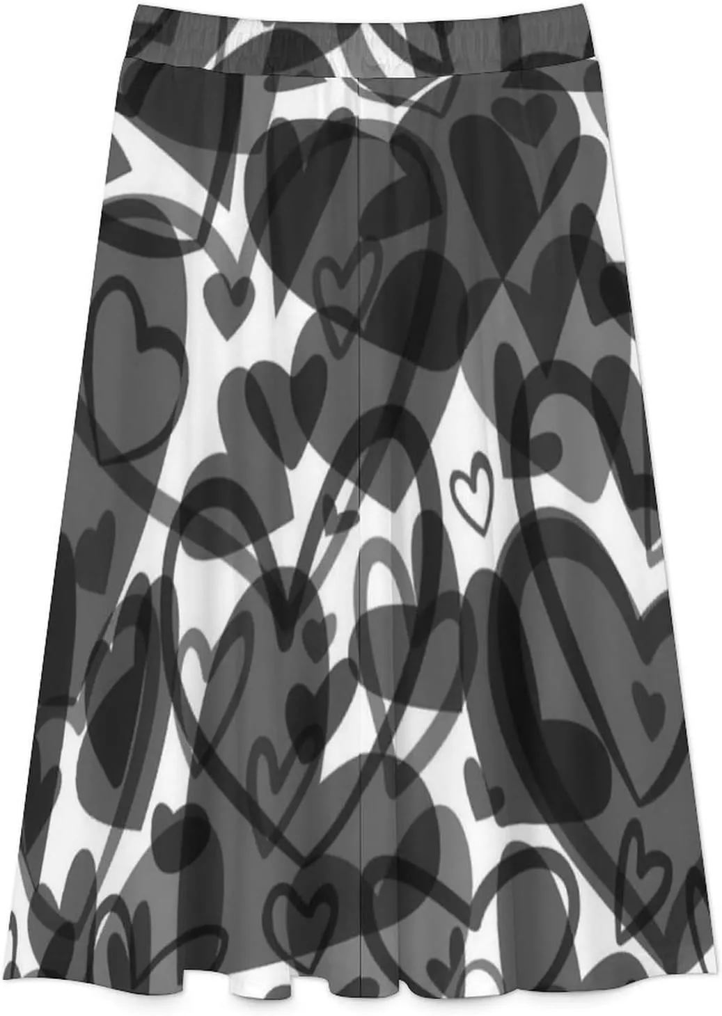 Trendy Black Hearts Print Midi Skirt High Elastic Waist Ruffling Bohemia Mini Club Skirt