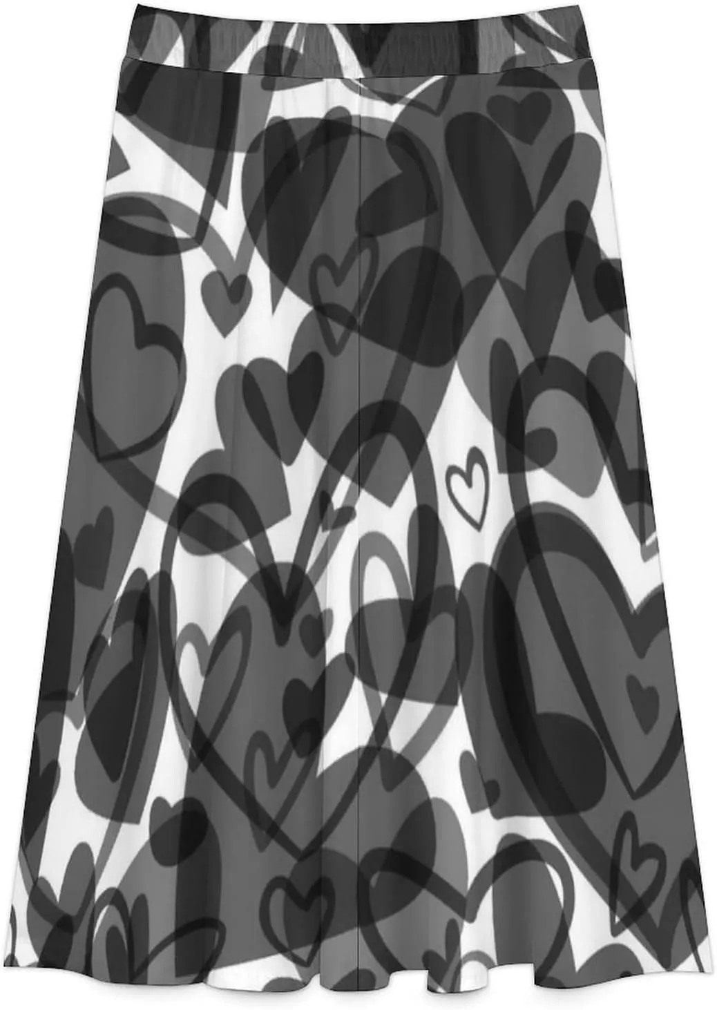 Trendy Black Hearts Print Midi Skirt High Elastic Waist Ruffling Bohemia Mini Club Skirt