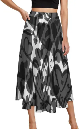 Trendy Black Hearts Print Midi Skirt High Elastic Waist Ruffling Bohemia Mini Club Skirt