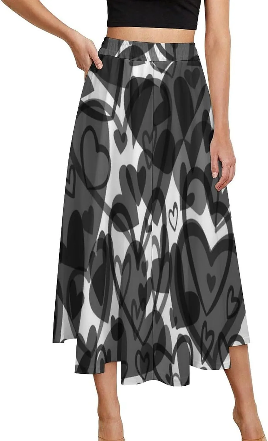 Trendy Black Hearts Print Midi Skirt High Elastic Waist Ruffling Bohemia Mini Club Skirt