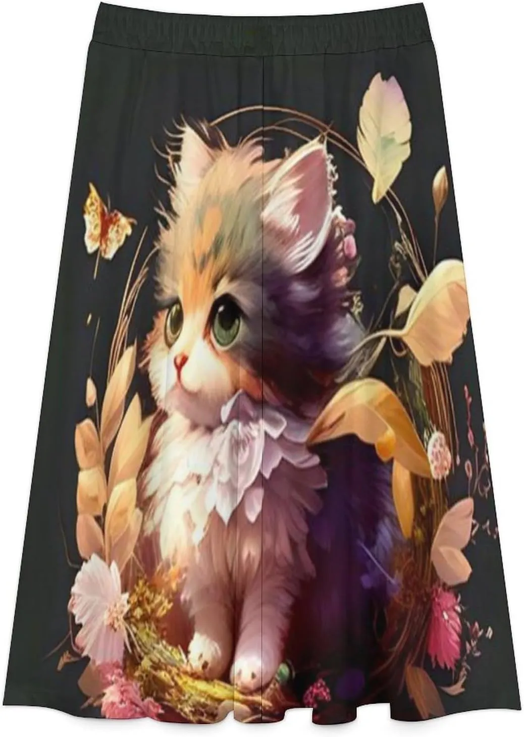Trendy Little Cat Print Midi Skirts High Elastic Waist Ruffle Swing Mini Club Skirts
