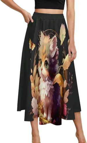 Trendy Little Cat Print Midi Skirts High Elastic Waist Ruffle Swing Mini Club Skirts