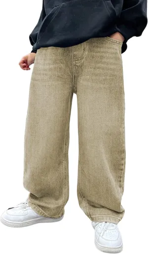 Verdusa Boy's Casual Straight Leg Baggy Jeans Elastic Waist Loose Denim Pants with Pockets