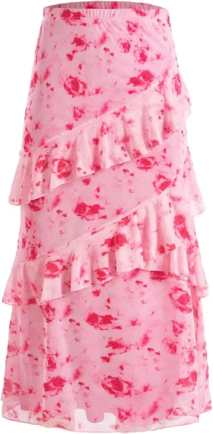Verdusa Women's Floral Flowy Skirt Mesh Renaissance Layered Ruffle Boho Summer Cute Midi Skirts