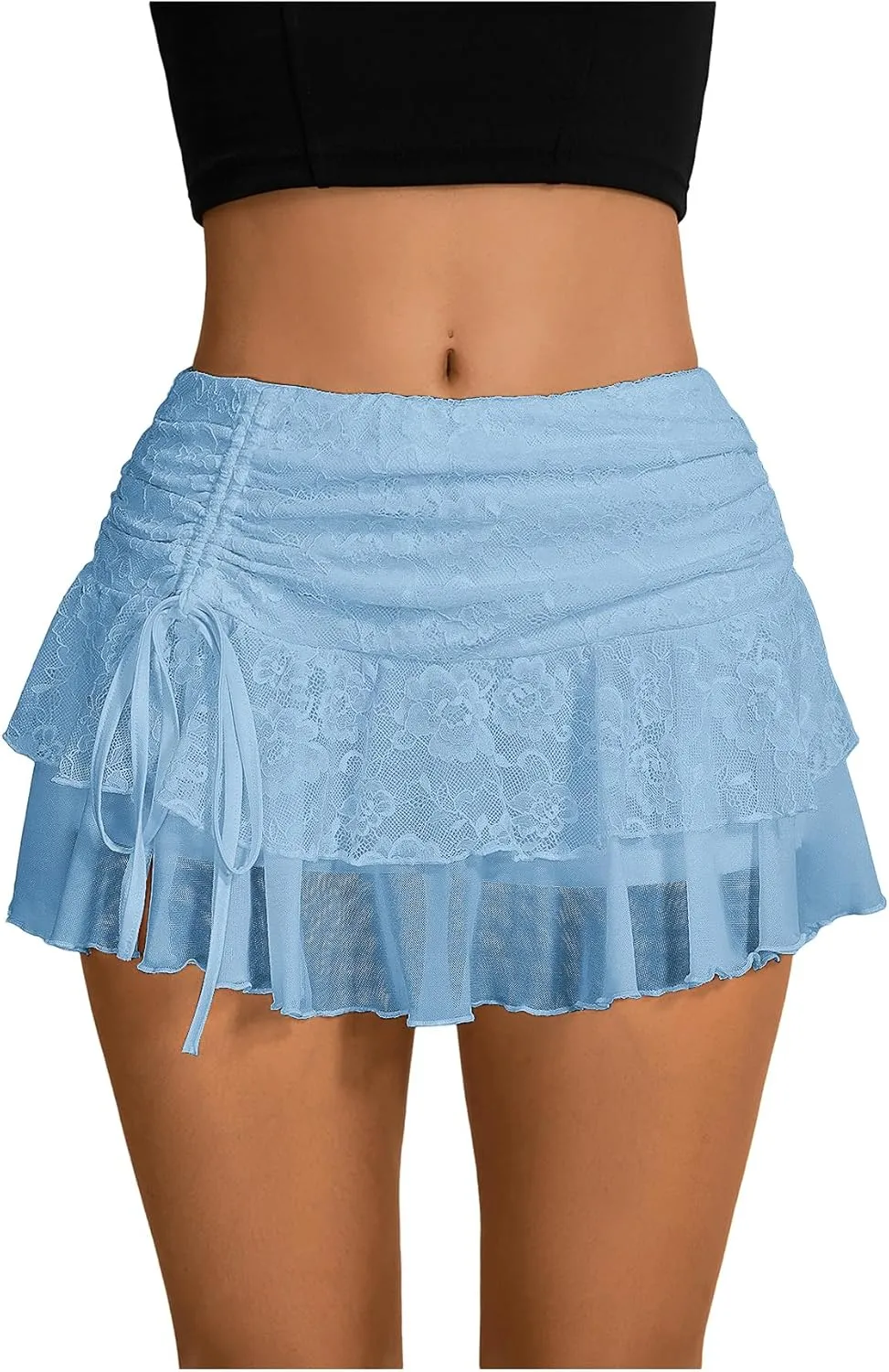 Verdusa Women's Y2k Elastic Waist Lace Mesh Layered Ruffled Mini Skirt Skort