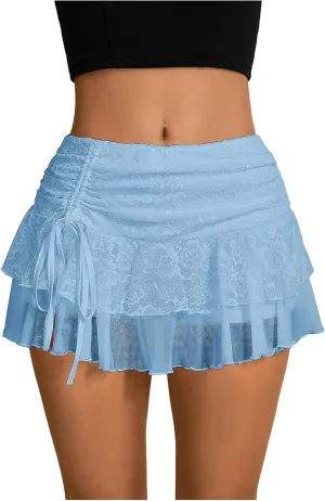Verdusa Women's Y2k Elastic Waist Lace Mesh Layered Ruffled Mini Skirt Skort