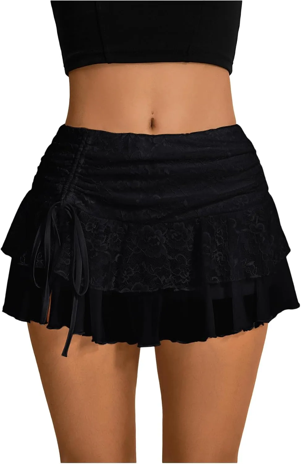 Verdusa Women's Y2k Elastic Waist Lace Mesh Layered Ruffled Mini Skirt Skort