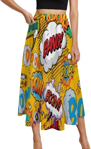 Vintage Comic Book Pop Art Explosions Printed Midi Skirts High Elastic Waist Ruched Swing Summer Skirts