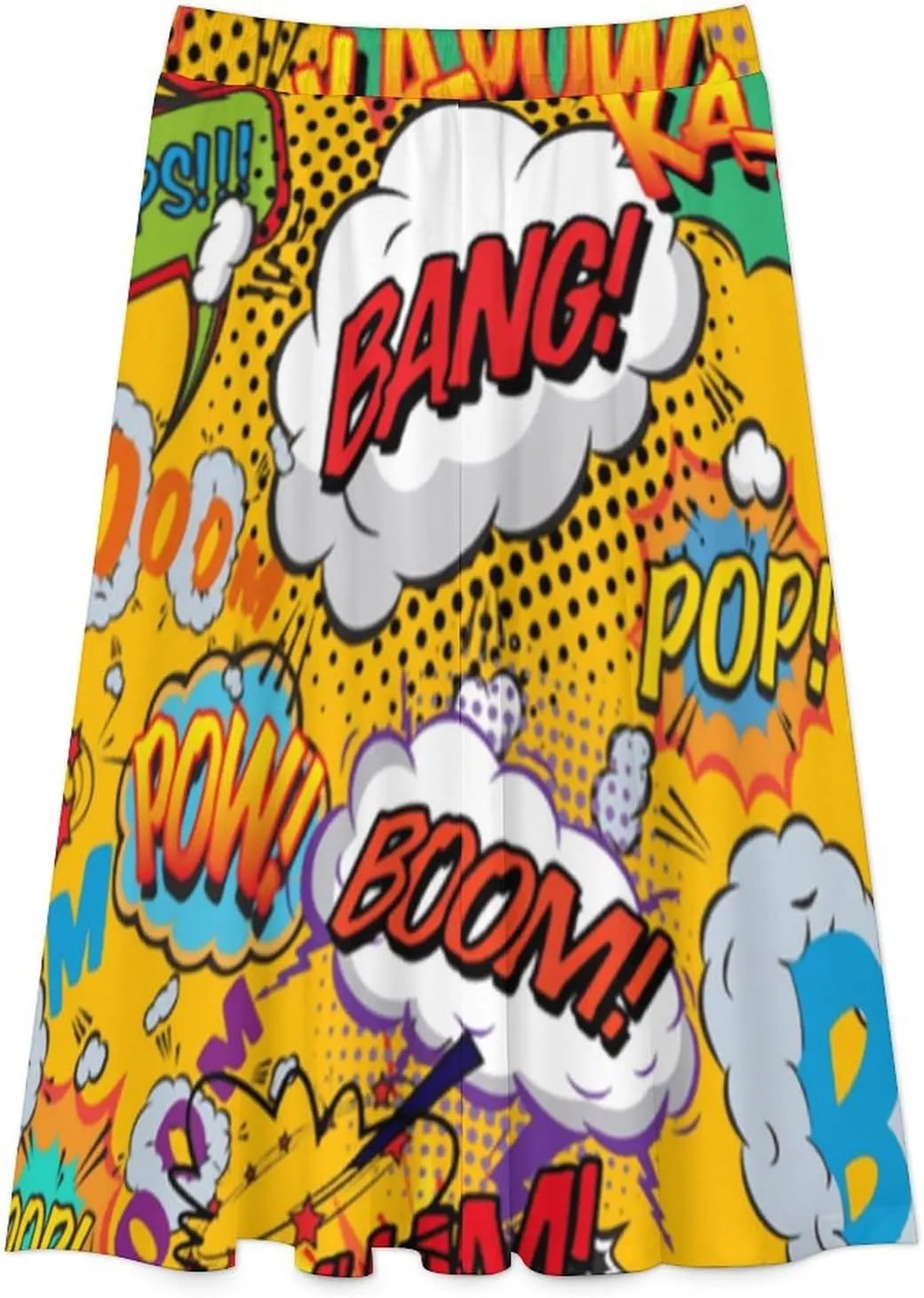 Vintage Comic Book Pop Art Explosions Printed Midi Skirts High Elastic Waist Ruched Swing Summer Skirts