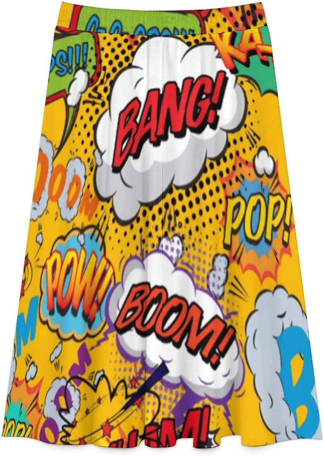 Vintage Comic Book Pop Art Explosions Printed Midi Skirts High Elastic Waist Ruched Swing Summer Skirts