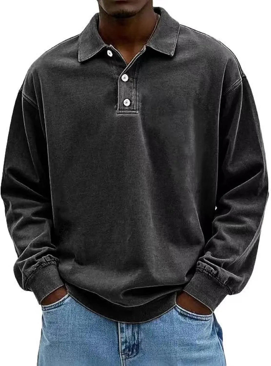 Vintage Long-Sleeved Polo, Men's Fashion Retro Washed Distressed Cotton Lapel Long Sleeve Polo Shirt
