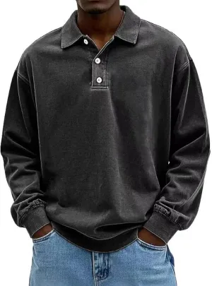 Vintage Long-Sleeved Polo, Men's Fashion Retro Washed Distressed Cotton Lapel Long Sleeve Polo Shirt