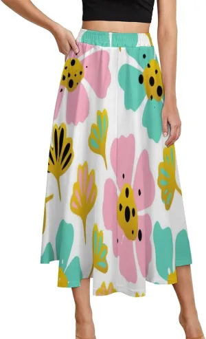 Vintage Tropic Florals Printed Midi Skirt High Elastic Waist Ruffling Flowy Spring Skirts