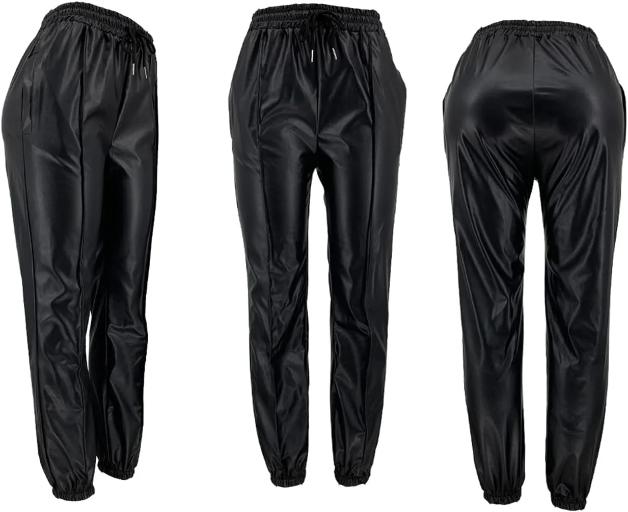 Voghtic Leather Pants for Women High Waist PU Faux Drawstring Leggings Joggers with Pockets