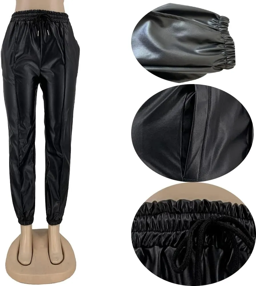 Voghtic Leather Pants for Women High Waist PU Faux Drawstring Leggings Joggers with Pockets