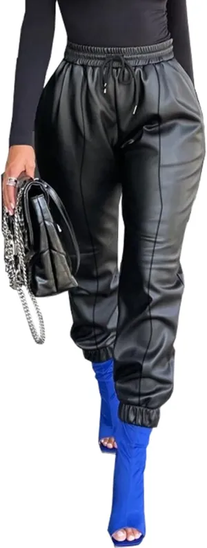 Voghtic Leather Pants for Women High Waist PU Faux Drawstring Leggings Joggers with Pockets