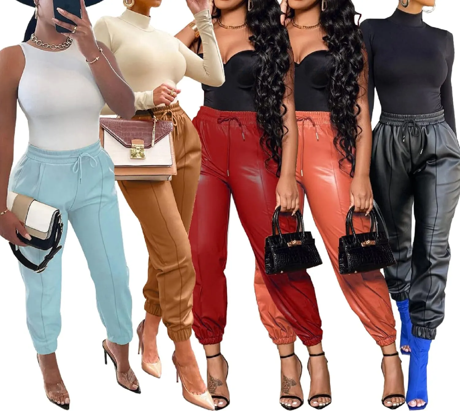Voghtic Leather Pants for Women High Waist PU Faux Drawstring Leggings Joggers with Pockets