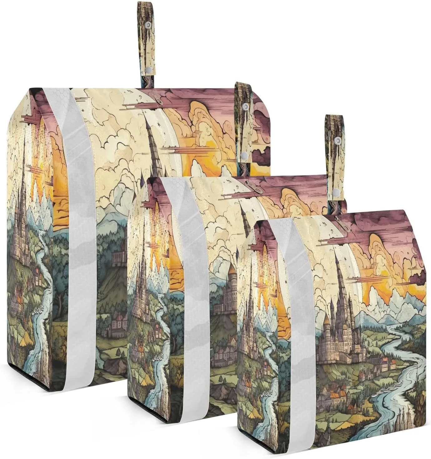 Watercolor Antique Towns Castle Packing Cubes for Travel 3 Set Travel Compression Bags Luggage Organizer Bags for Vacation Clothes