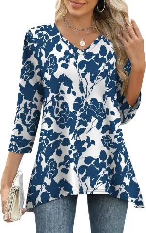 WIHOLL 3/4 Sleeve Tunic Tops for Women Loose Fit Dressy Casual Blouses V Neck T Shirts with Asymmetrical Hem S-3XL