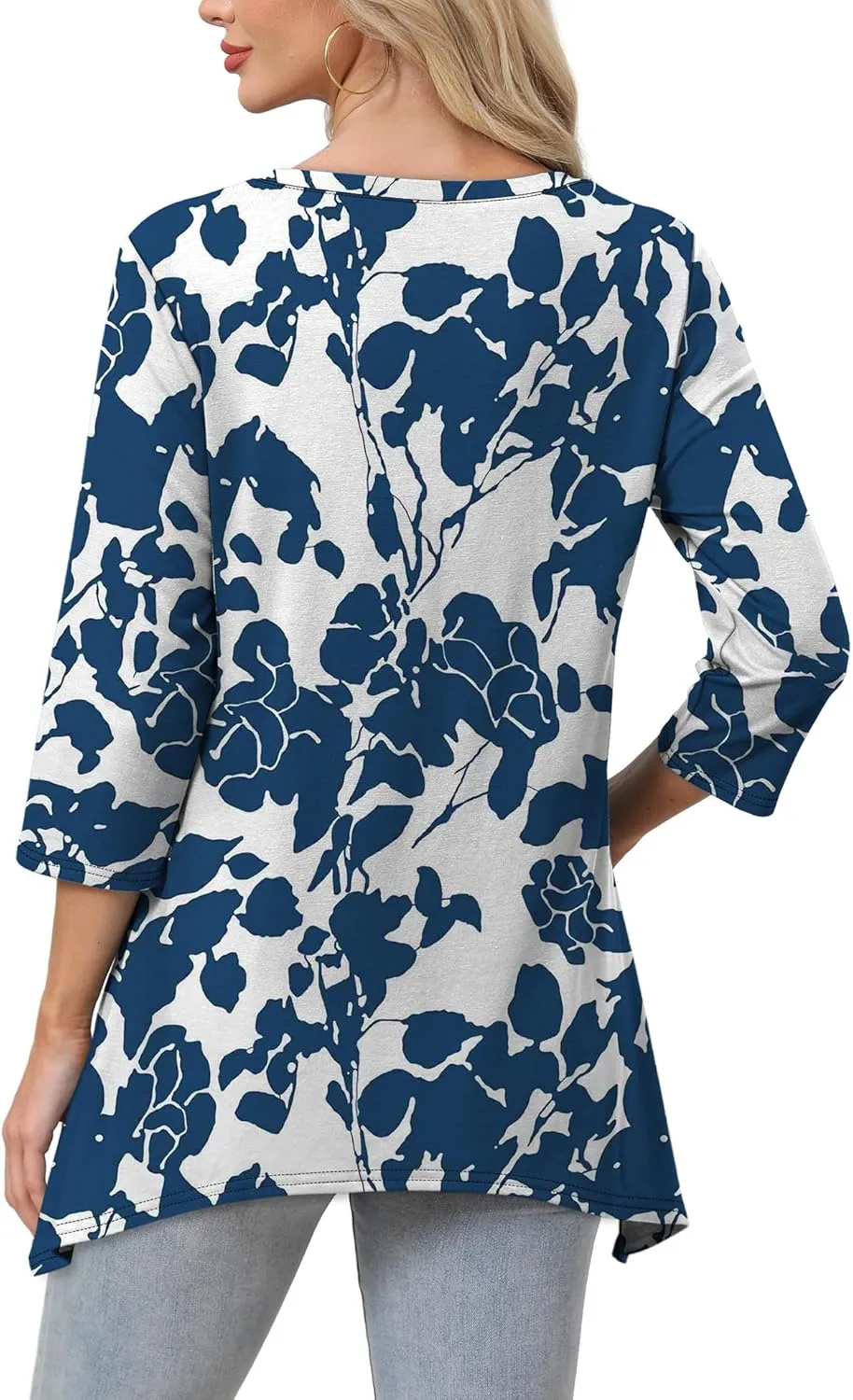 WIHOLL 3/4 Sleeve Tunic Tops for Women Loose Fit Dressy Casual Blouses V Neck T Shirts with Asymmetrical Hem S-3XL
