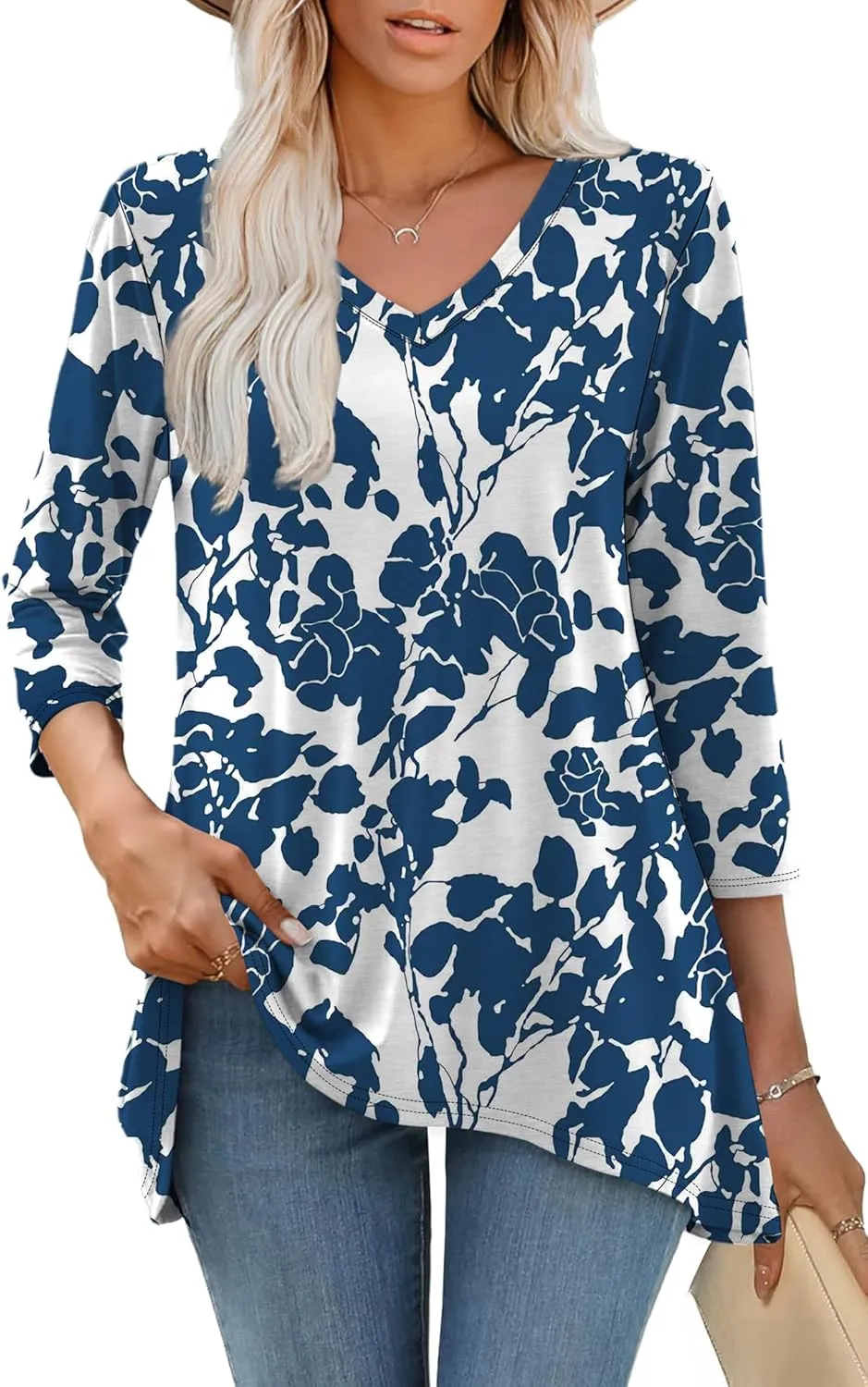 WIHOLL 3/4 Sleeve Tunic Tops for Women Loose Fit Dressy Casual Blouses V Neck T Shirts with Asymmetrical Hem S-3XL