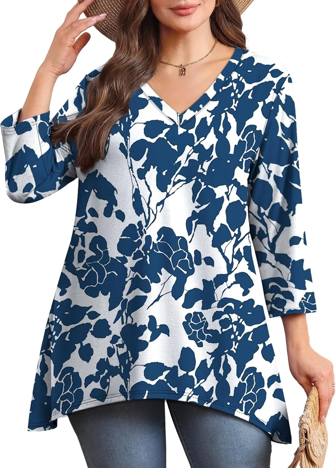 WIHOLL 3/4 Sleeve Tunic Tops for Women Loose Fit Dressy Casual Blouses V Neck T Shirts with Asymmetrical Hem S-3XL