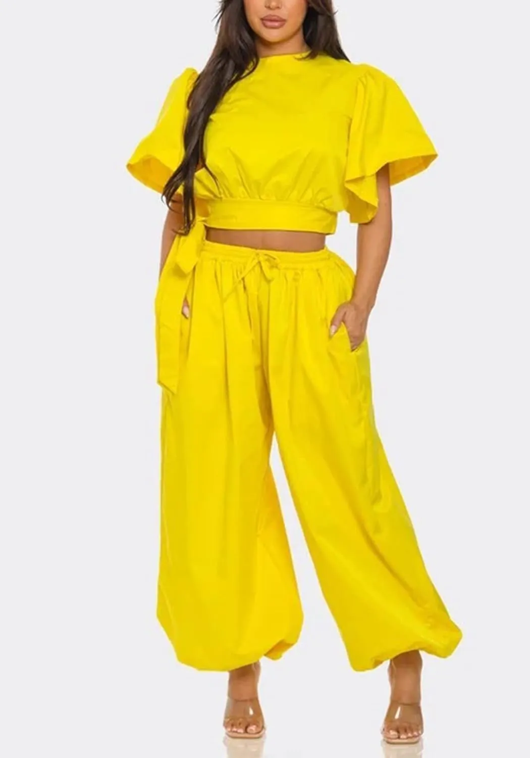 Women 2 Piece Outfits Flared Sleeve Tie up Crop Top Drawstring Elastic High Waisted Wide Leg Pants Lounge Sets