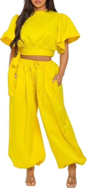Women 2 Piece Outfits Flared Sleeve Tie up Crop Top Drawstring Elastic High Waisted Wide Leg Pants Lounge Sets