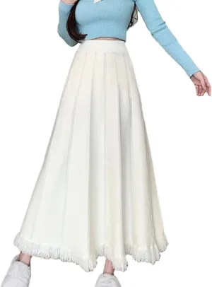 Women A-Line Knit Skirt Elastic High Waist Tassel Skirt Solid Color Midi Pleated Swing Skirts Weekend Skirts