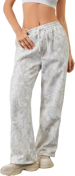 Women Baggy Camo Pants Wide Leg High Waist Drawstring Camouflage Sweatpants Fleece Jogger Pants with Pockets
