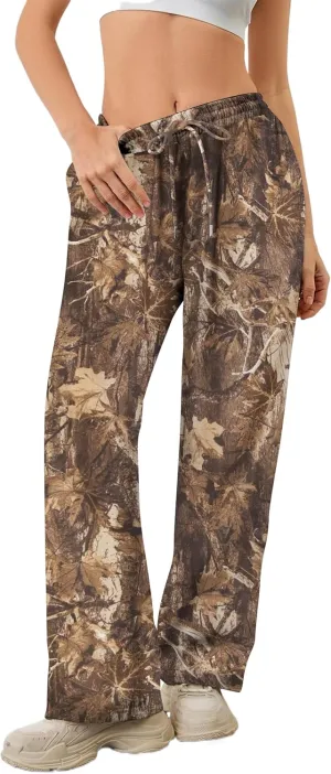 Women Baggy Camo Pants Wide Leg High Waist Drawstring Camouflage Sweatpants Fleece Jogger Pants with Pockets