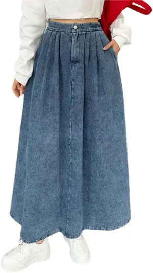 Women Denim Skirt A- Line High Waisted Vintage Casual Buttons Pleated Jeans Skirts