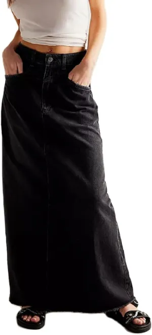 Women Mid Rise Denim Long Skirt Button Down A Line Jeans Skirt Bodycon Maxi Skirt Vintage Streetwear