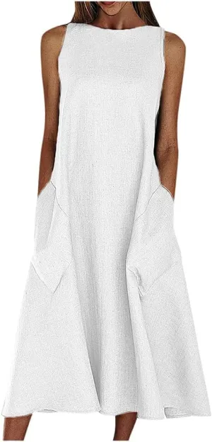 Women Summer Sexy Sleeveless Midi Dress Solid Plus Size Loose Beach Casual Party Cocktail Club Easter Wedding Sundress