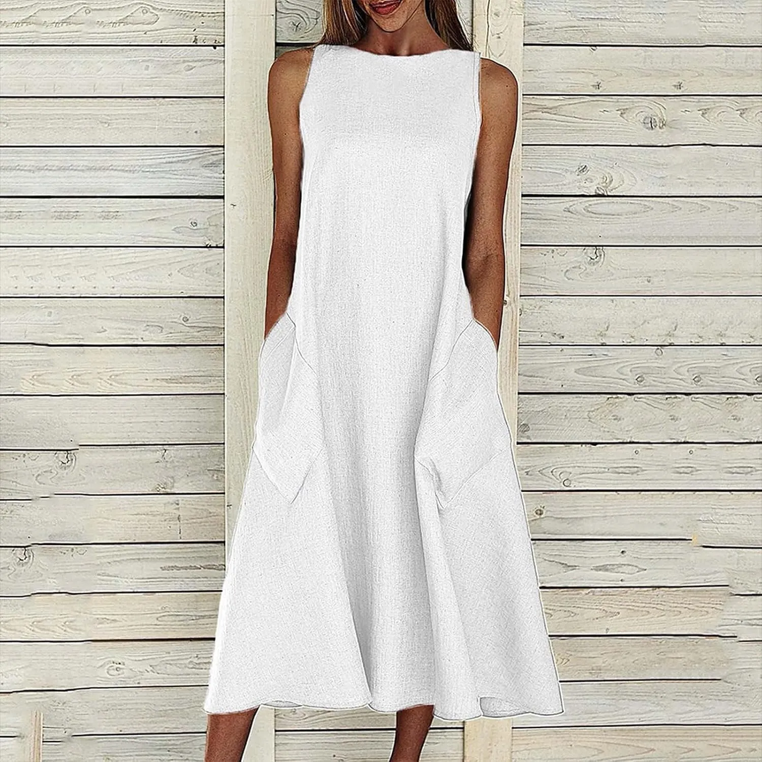 Women Summer Sexy Sleeveless Midi Dress Solid Plus Size Loose Beach Casual Party Cocktail Club Easter Wedding Sundress
