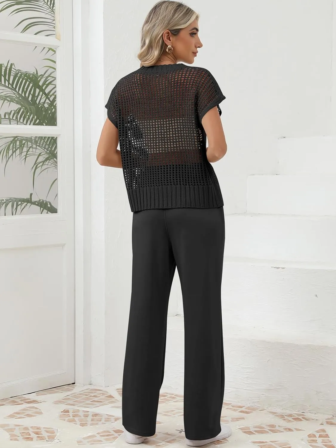 Women Two Piece Outfits Crochet Sheer Knit Sweater Top Wide Leg Pants Lounge Matching Sets Sweatsuit Travel Clothes