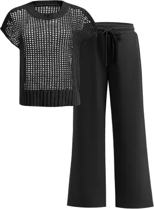 Women Two Piece Outfits Crochet Sheer Knit Sweater Top Wide Leg Pants Lounge Matching Sets Sweatsuit Travel Clothes