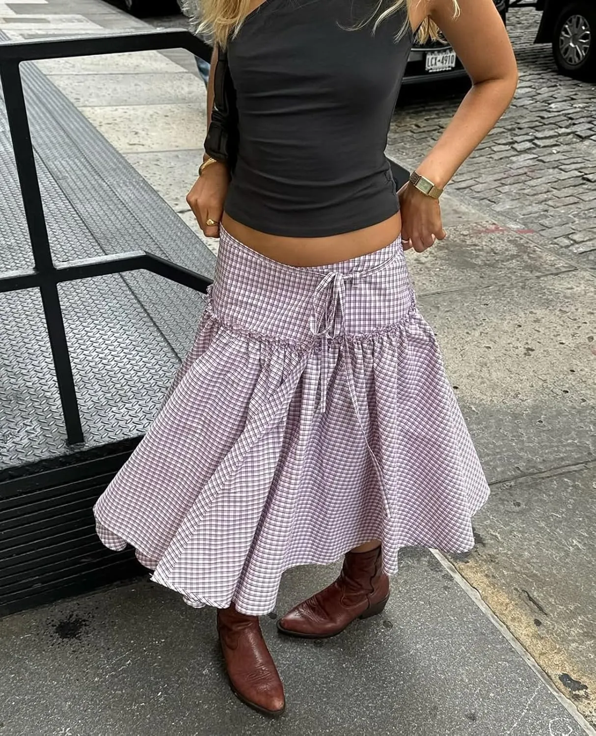 Women Y2K Plaid Maxi Skirt Elastic Waist Tie Up A Line Skirt Ruffle Hem Pleated Polka Dot Long Skirt Streetwear