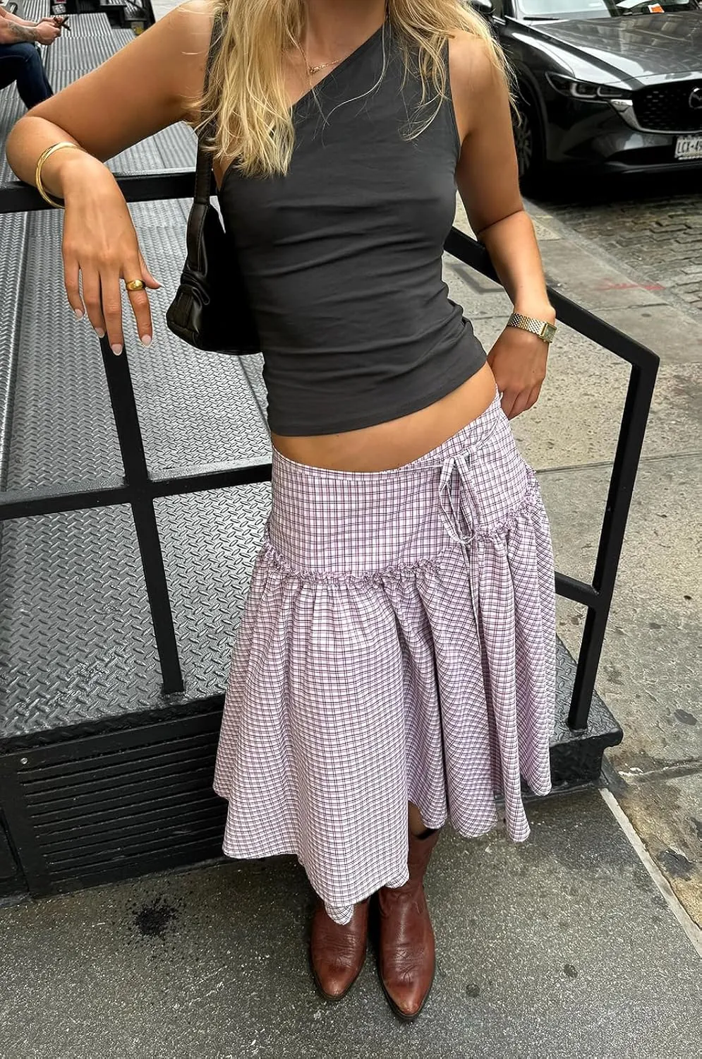 Women Y2K Plaid Maxi Skirt Elastic Waist Tie Up A Line Skirt Ruffle Hem Pleated Polka Dot Long Skirt Streetwear