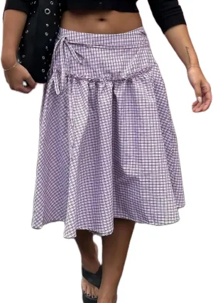 Women Y2K Plaid Maxi Skirt Elastic Waist Tie Up A Line Skirt Ruffle Hem Pleated Polka Dot Long Skirt Streetwear