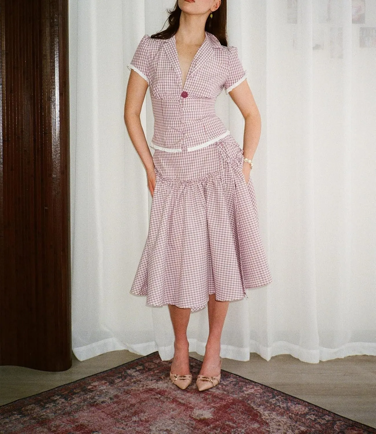 Women Y2K Plaid Maxi Skirt Elastic Waist Tie Up A Line Skirt Ruffle Hem Pleated Polka Dot Long Skirt Streetwear