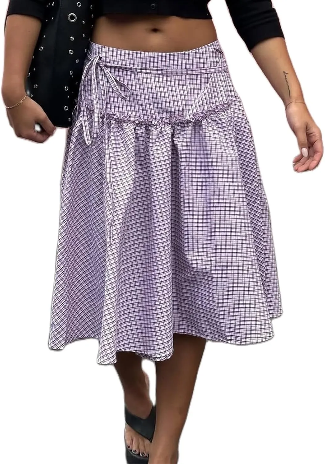 Women Y2K Plaid Maxi Skirt Elastic Waist Tie Up A Line Skirt Ruffle Hem Pleated Polka Dot Long Skirt Streetwear