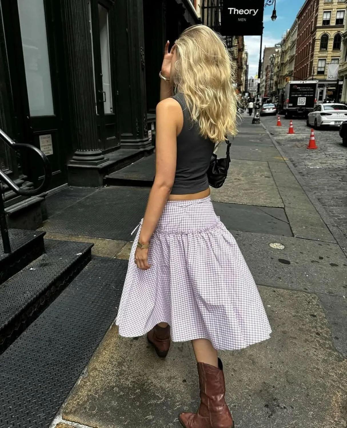 Women Y2K Plaid Maxi Skirt Elastic Waist Tie Up A Line Skirt Ruffle Hem Pleated Polka Dot Long Skirt Streetwear