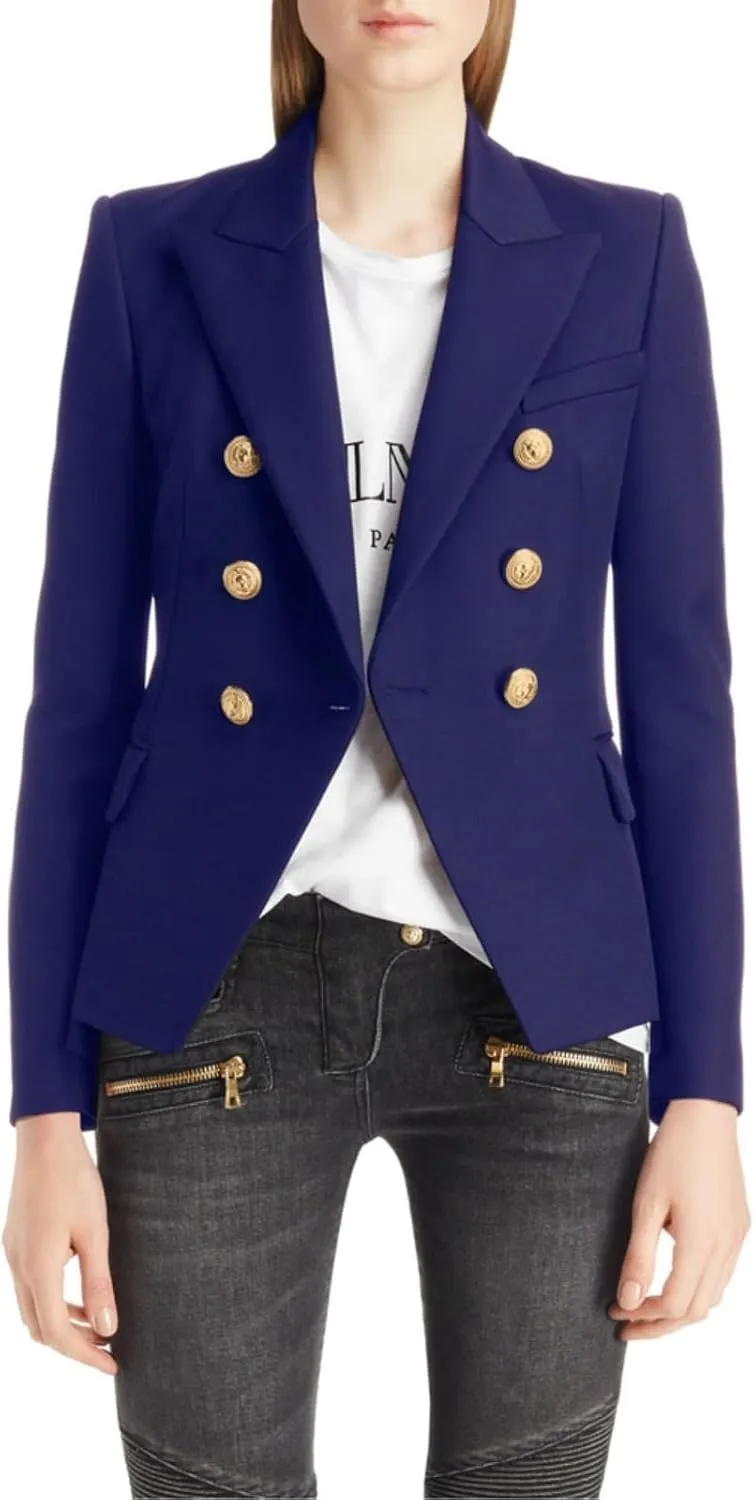 Women's Casual Blazer with Gold Buttons - Long Sleeve, Draped Open Front Cardigan Jacket with Pockets
